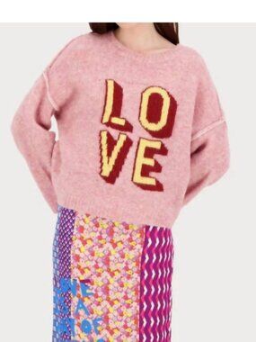 Me369 LOVE Graphic Sweater Pink Statement Knit Size S